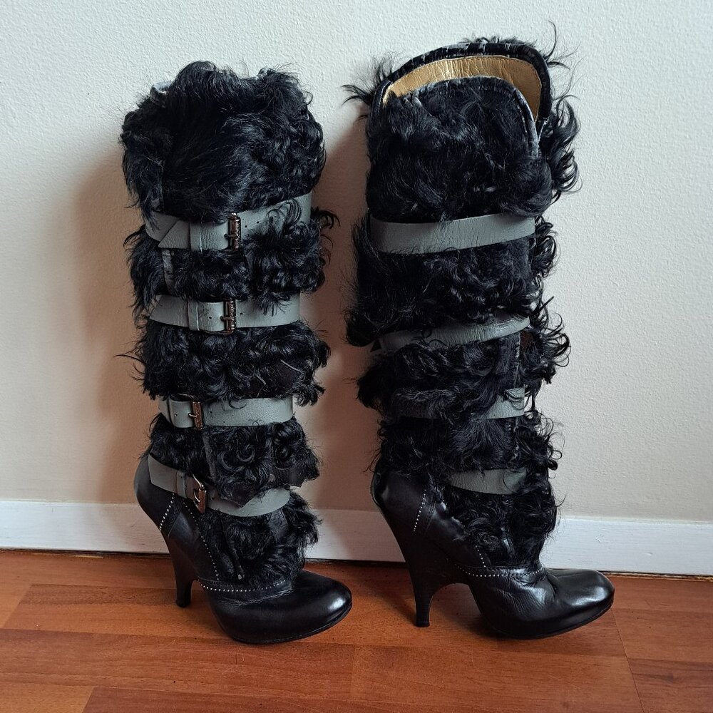 Roberto Cavalli Real Fur Leather Boots with Buckles Size 37 - Picture 2 of 16